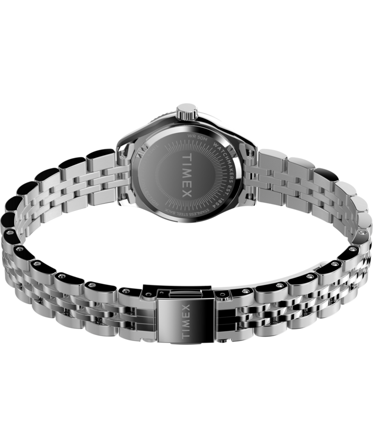 TW2W90700 Reloj Timex Legacy Mini de 25 mm con brazalete de acero inoxidable. Imagen del fondo de la caja con accesorio.
