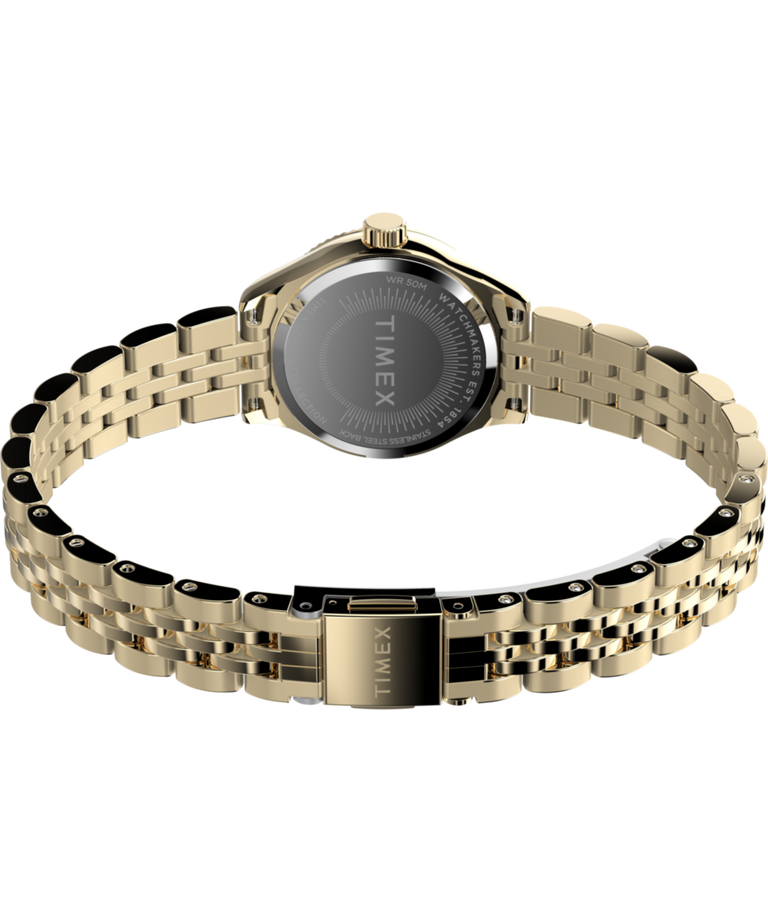 TW2W90800 Reloj Timex Legacy Mini de 25 mm con brazalete de acero inoxidable. Imagen del fondo de la caja con accesorio.