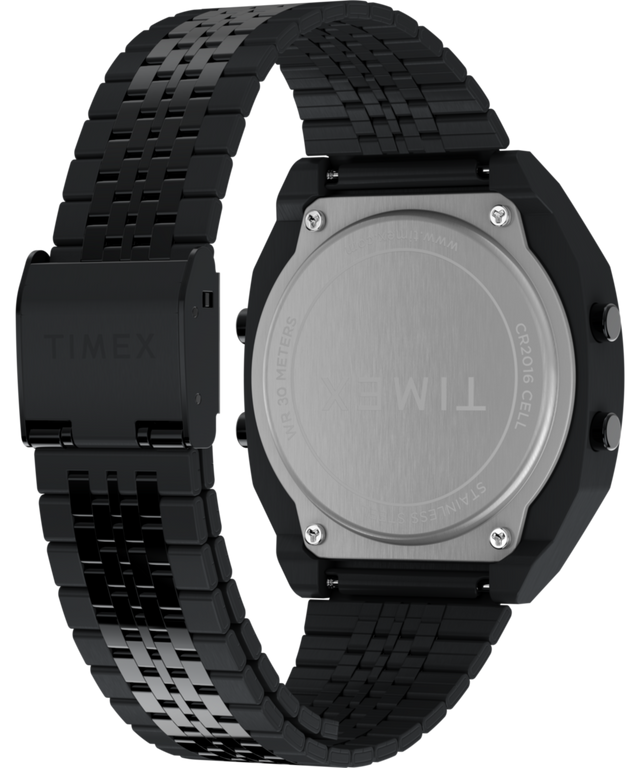 TW2W91600 Timex T80 de acero, 36 mm, con brazalete de acero inoxidable. Imagen del fondo de la caja con accesorio.