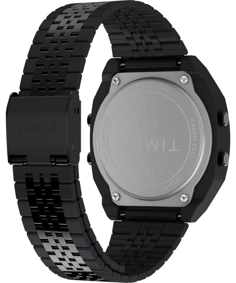 TW2W91600 Timex T80 de acero, 36 mm, con brazalete de acero inoxidable. Imagen del fondo de la caja con accesorio.