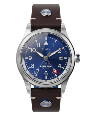 TW2W97300 Pan Am® x Timex Waterbury GMT 39mm Leather Strap Watch  Primary Image