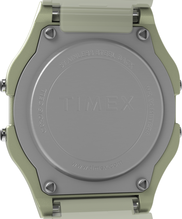 TW2Y02600 Timex T80 que brilla en la oscuridad, 34 mm, correa de resina: imagen del fondo de la caja del reloj