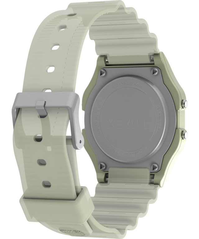 TW2Y02600 Reloj Timex T80 que brilla en la oscuridad, de 34 mm, con correa de resina: imagen del fondo de la caja con accesorio