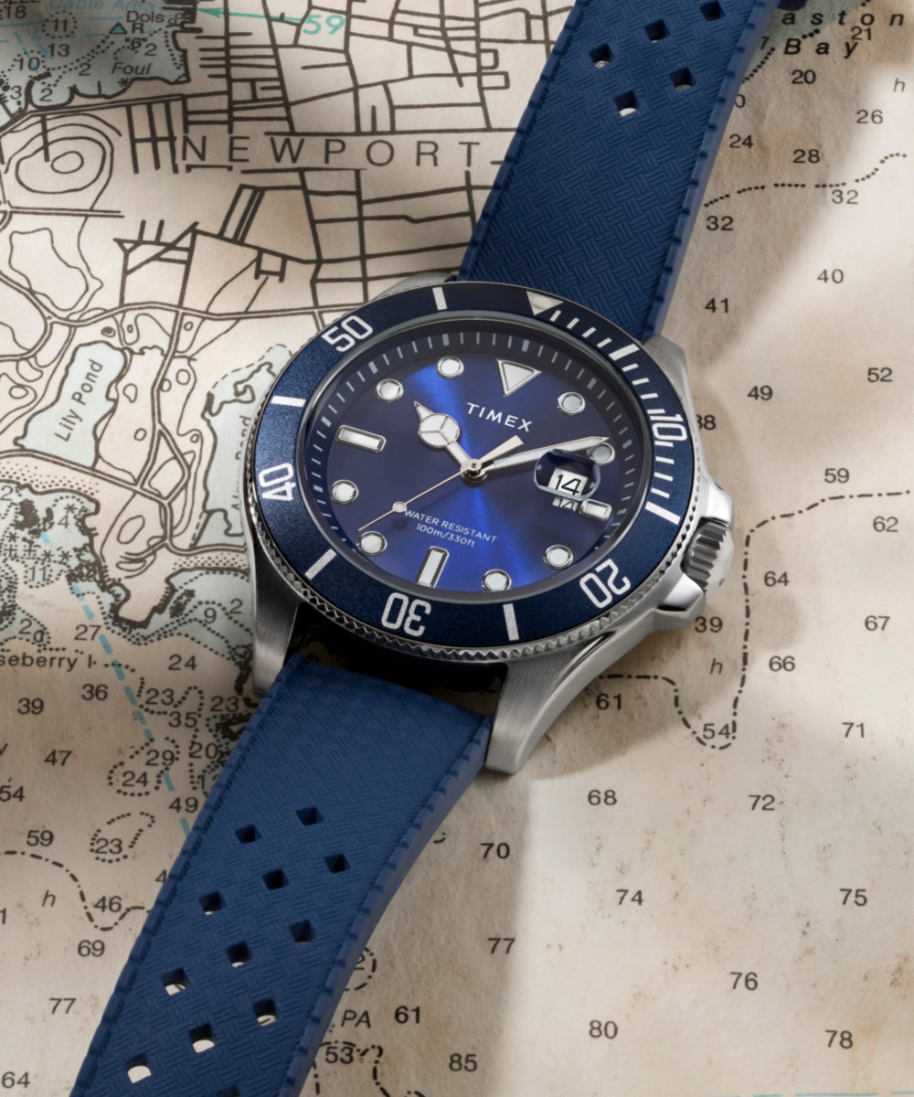 藍 Harborside Coast 44mm Synthetic Rubber Strap Watch