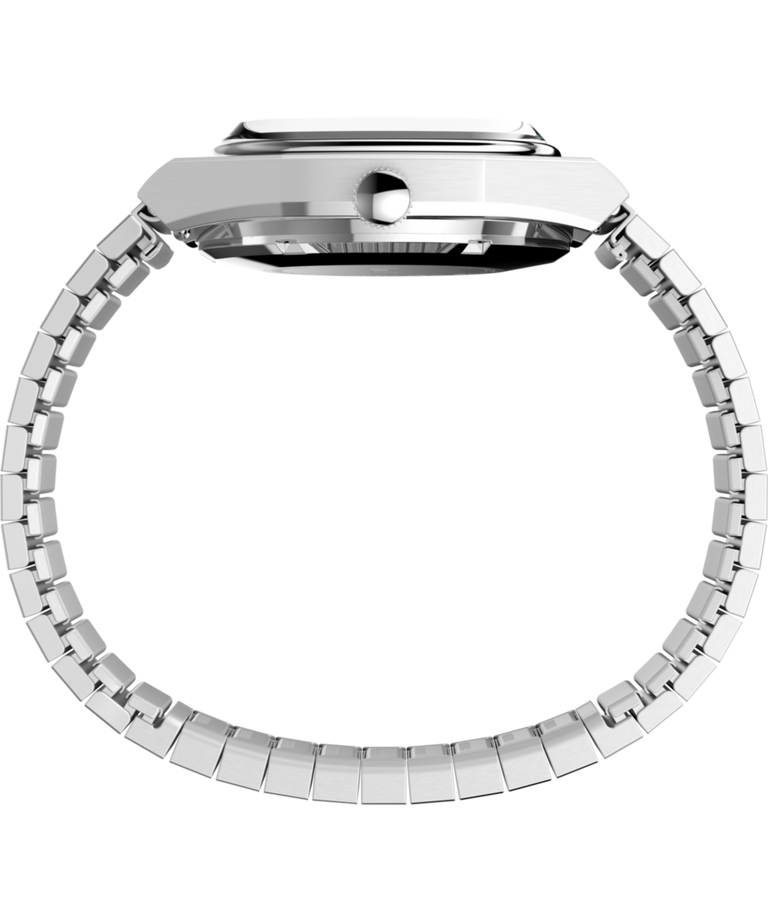Imagen de perfil del reloj Timex® Automatic 1983 E Line de 34 mm con correa elástica de acero inoxidable TW2Y07300
