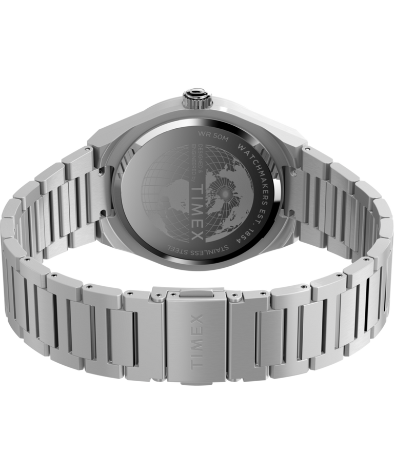 TW2Y12100 Q Reloj Timex® Continental GMT de 39 mm con brazalete de acero inoxidable. Imagen del fondo de la caja con accesorio.