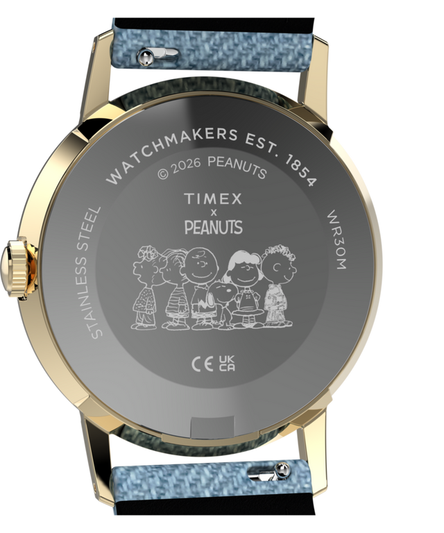 Imagen del fondo de caja del reloj TW2Y12500 Peanuts® x Timex Marlin® 1965 Reissue inspirado en Snoopy Tennis con correa de tela de 34 mm