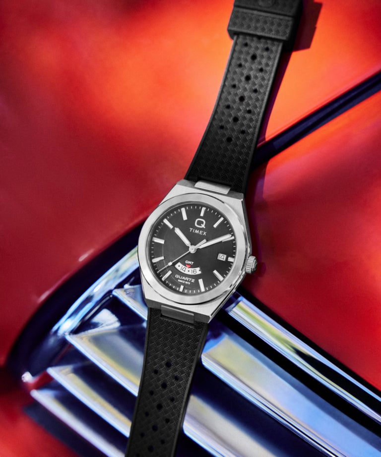 TW2Y24900 Q Timex Continental GMT 39mm Synthetic Rubber Watch  Campaign Key Silhouettes (Beauty shots) Image