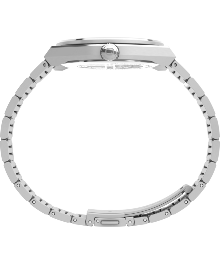 TW2Y25000 Q Timex® Continental Día y fecha, reloj de 39 mm con brazalete de acero inoxidable. Imagen de perfil
