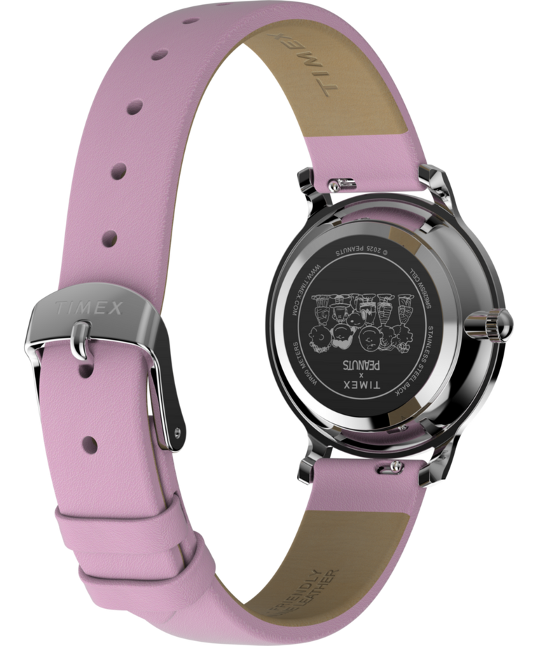 TW2Y26000 Peanuts® x Timex Transcend Snoopy Hug, reloj de 31 mm con correa de piel. Imagen del fondo de la caja con accesorio.