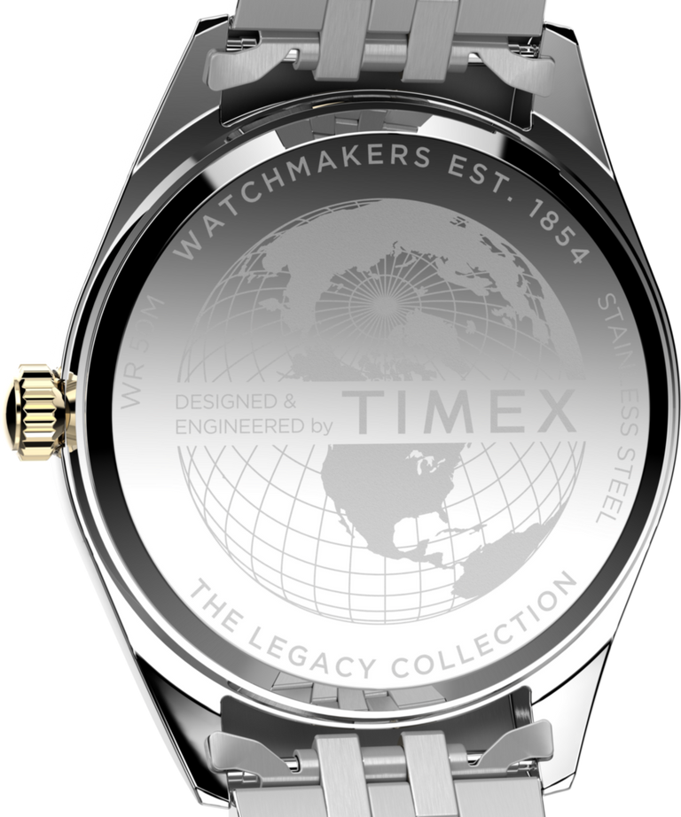 TW2Y28400 Timex Legacy, reloj de 41 mm con brazalete de acero inoxidable. Imagen del fondo de la caja.