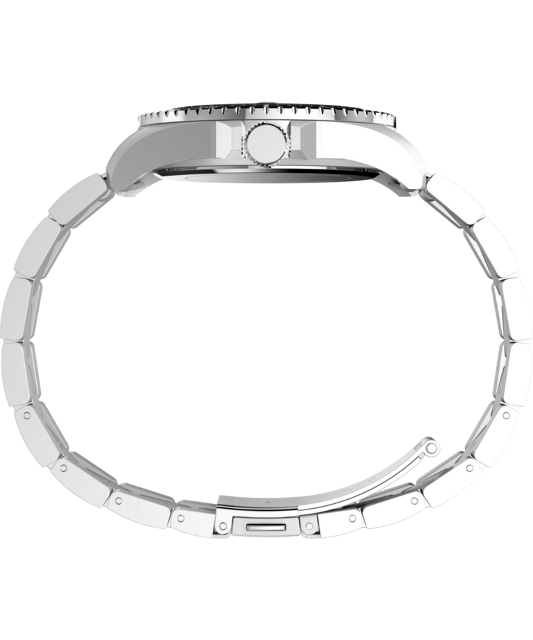TW2Y28700 Timex, reloj de 42 mm inspirado en los modelos de buceo, con brazalete de acero inoxidable. Imagen de perfil