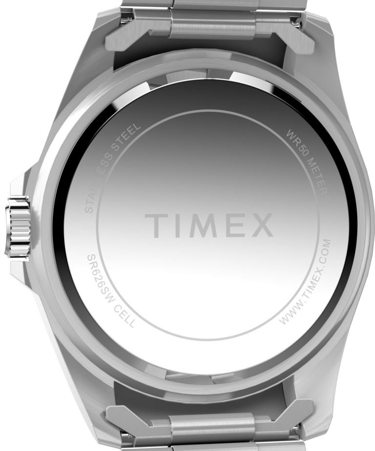 TW2Y28700: Imagen del fondo de la caja del reloj Timex de 42 mm, inspirado en los relojes de buceo, con brazalete de acero inoxidable
