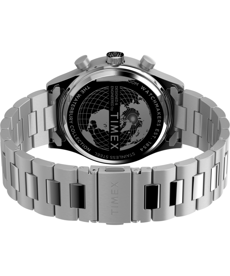 TW2Y29800 Reloj Waterbury Traditional Fly Back Chronograph de 43 mm con brazalete de acero inoxidable. Imagen del fondo de la caja con accesorio.