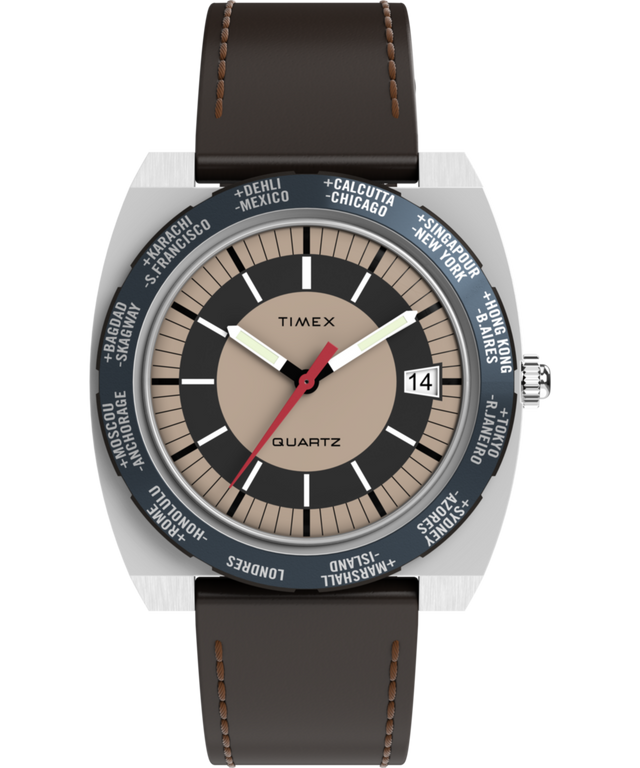 TW2Y31300 Q Timex® 1972 World Time 39mm Leather Strap Watch Primary Image