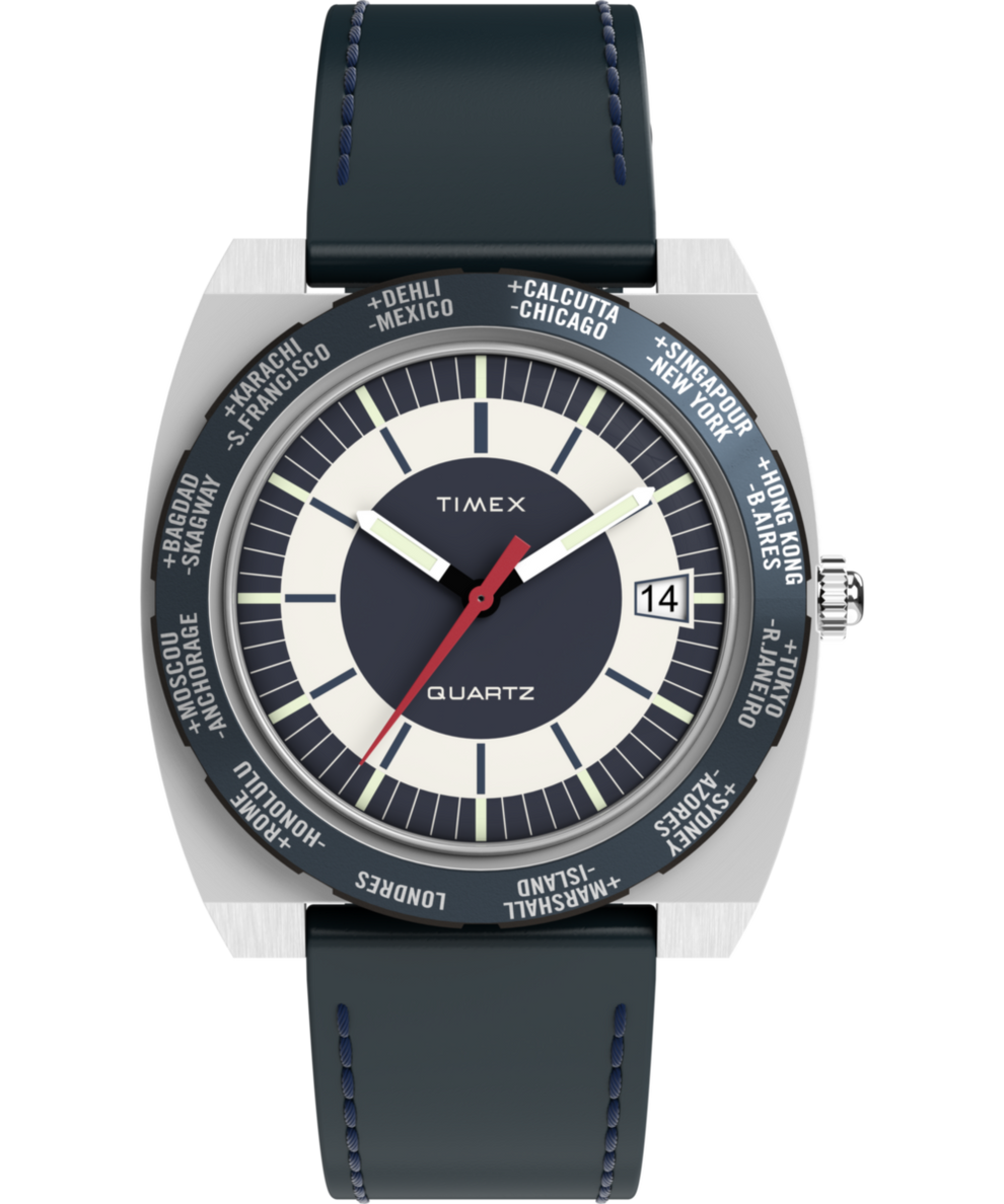 TW2Y31400 Q Timex® 1972 World Time 39mm Leather Strap Watch Primary Image