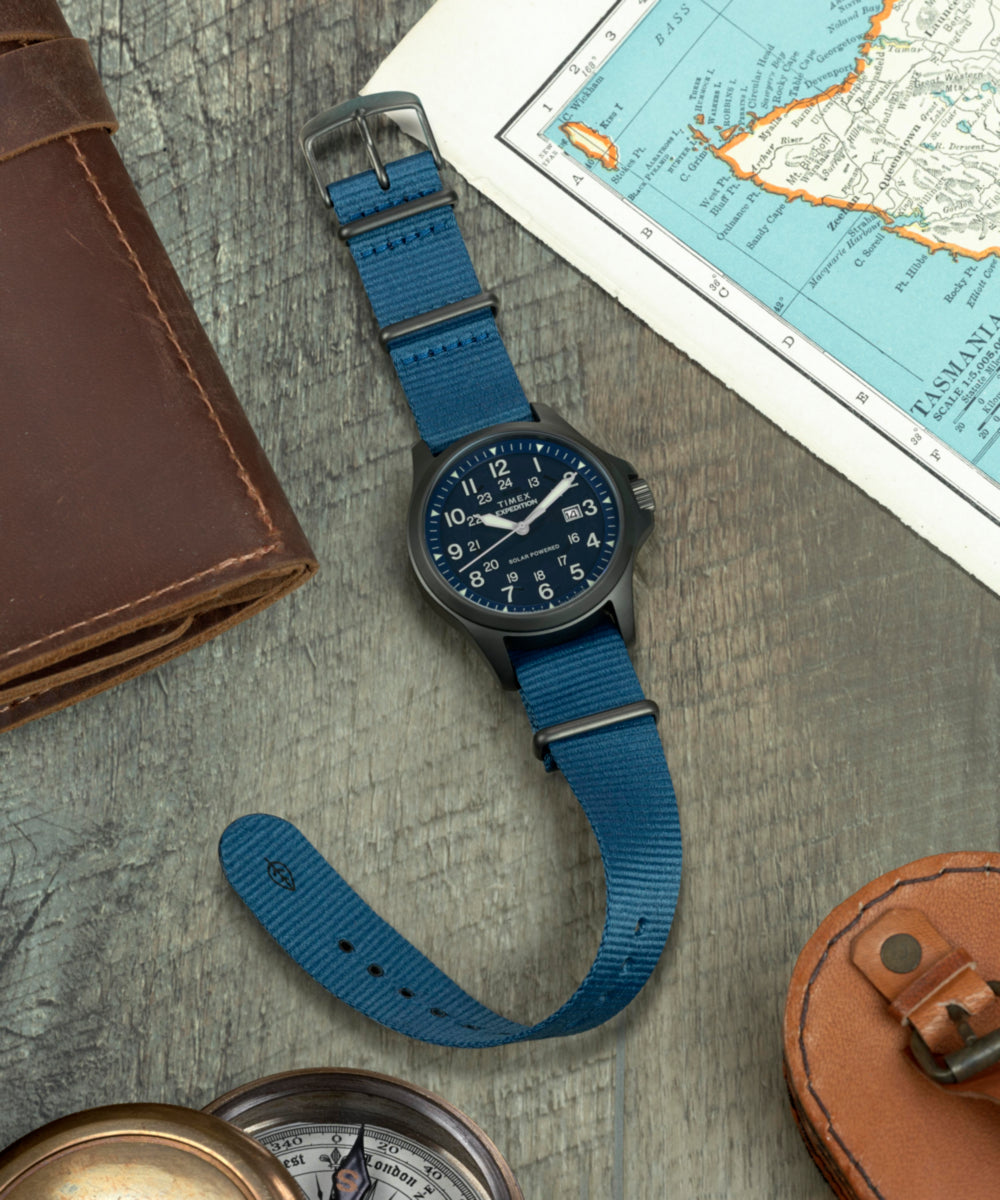 【新品• 未使用】TIMEX EXPEDITION アナログ時計 青/並行輸入品 Expedition® Field Post Solar 41mm Eco-Conscious Fabric Strap Watch