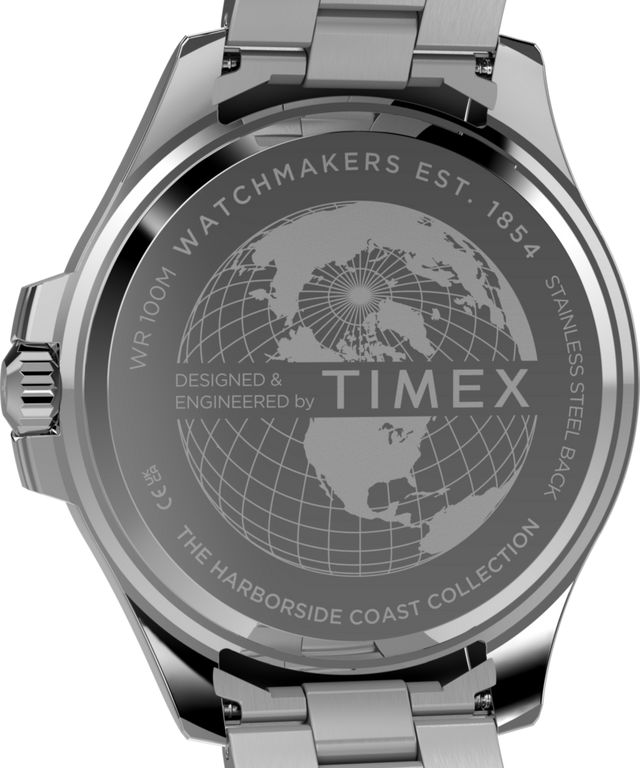 TW2Y33200 Harborside Coast: reloj multifunción de 43 mm con brazalete de acero inoxidable. Imagen del fondo de la caja.