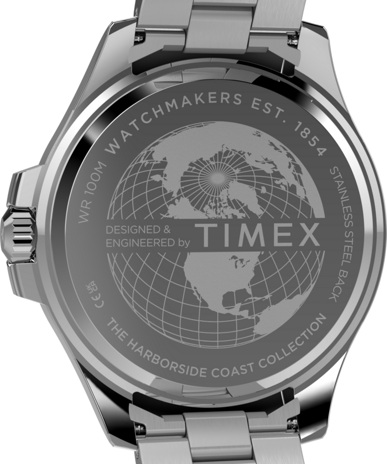 TW2Y33200 Harborside Coast: reloj multifunción de 43 mm con brazalete de acero inoxidable. Imagen del fondo de la caja.