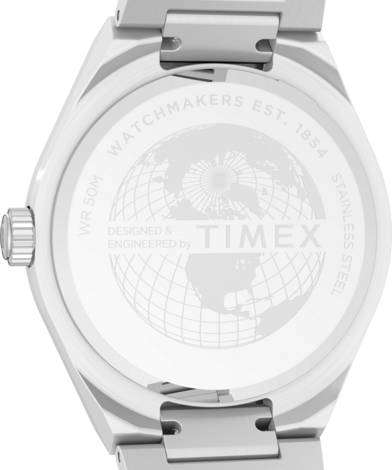 TW2Y35200 Q Timex® Continental Día y fecha, reloj de 39 mm con brazalete de acero inoxidable. Imagen del fondo de la caja
