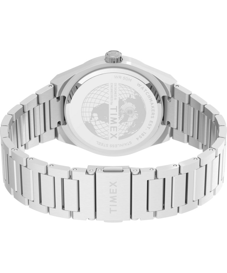 TW2Y35200 Q Reloj Timex® Continental con indicador de día y fecha, 39 mm, correa de acero inoxidable. Imagen del fondo de la caja con accesorio.