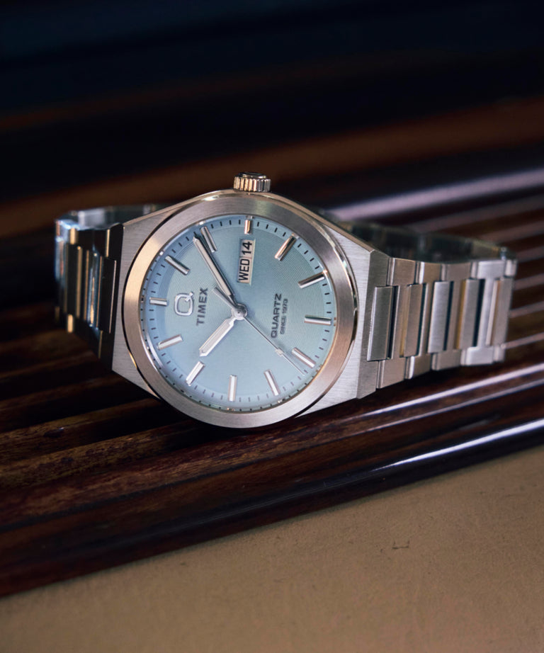 TW2Y35200 Q Timex® Continental Day and Date 39mm Stainless Steel Bracelet Watch Campaign Key Silhouettes (Beauty shots) Image