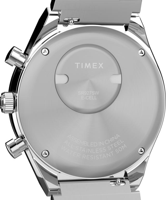 TW2Y36200 Q Timex® Cronógrafo de 40 mm con brazalete de acero inoxidable. Imagen del fondo de la caja del reloj