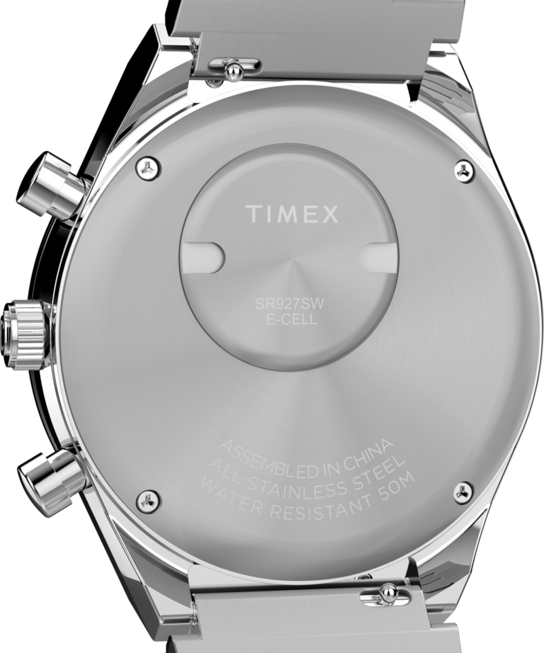 TW2Y36200 Q Timex® Cronógrafo de 40 mm con brazalete de acero inoxidable. Imagen del fondo de la caja del reloj