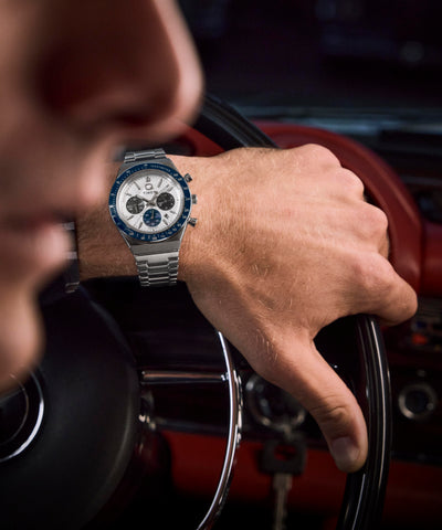 TW2Y36200 Q Timex® Chronograph 40mm Stainless Steel Bracelet Watch Alt Wrist Shot 1 Image