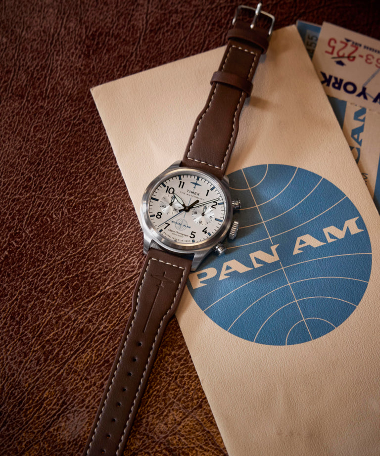 TW2Y38700 Timex x Pan Am® Waterbury Ace Chronograph 41mm Leather Strap Watch Collab Additional Image