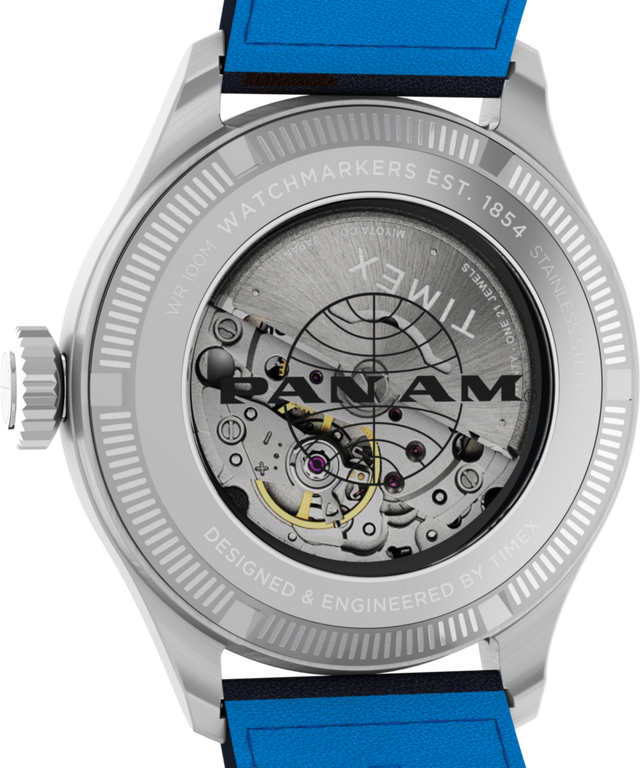TW2Y38800 Timex x Pan Am® Waterbury Automatic Ace 41mm Leather Strap Watch Caseback Image