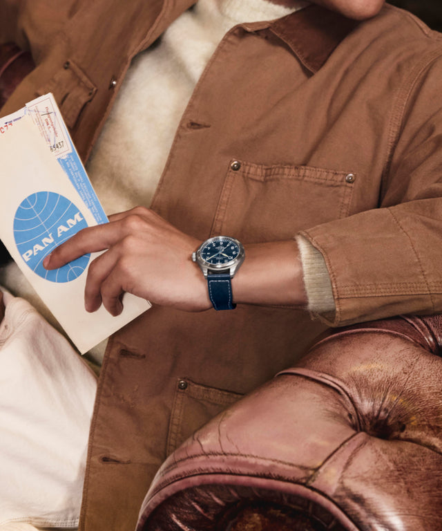 TW2Y38800 Pan Am® x Timex Waterbury Automatic Ace 41mm Leather Strap Watch Alt Wrist Shot 1 Image