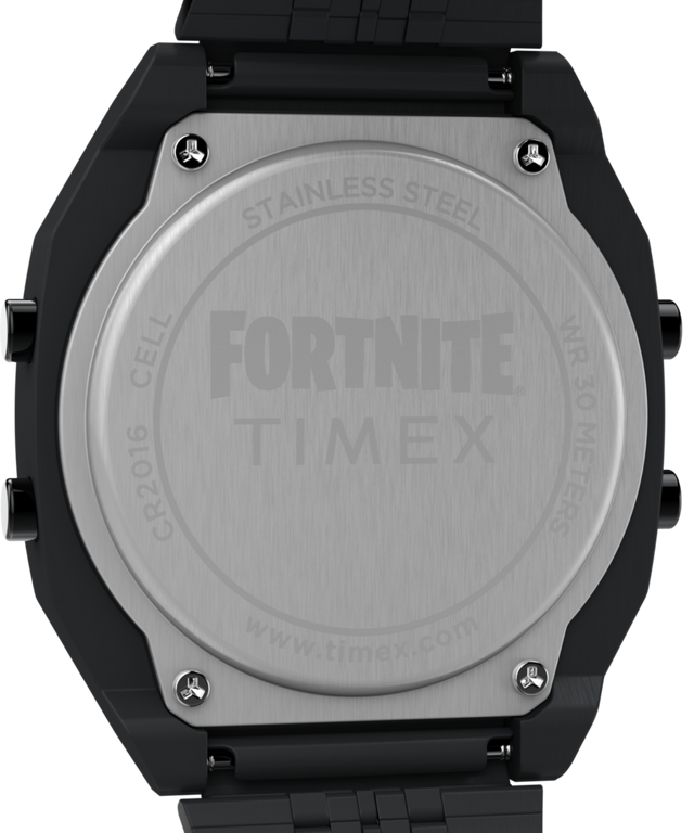 TW2Y46000 Timex x Fortnite T80, reloj de 36 mm con brazalete de acero inoxidable. Imagen del fondo de la caja.