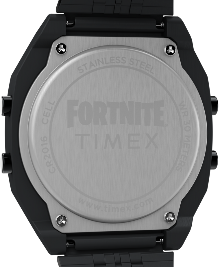 TW2Y46000 Timex x Fortnite T80, reloj de 36 mm con brazalete de acero inoxidable. Imagen del fondo de la caja.