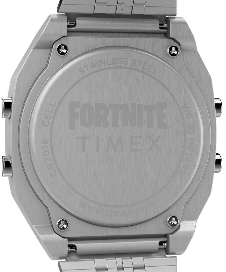 TW2Y46100 Timex x Fortnite T80, reloj de 36 mm con brazalete de acero inoxidable. Imagen del fondo de la caja.