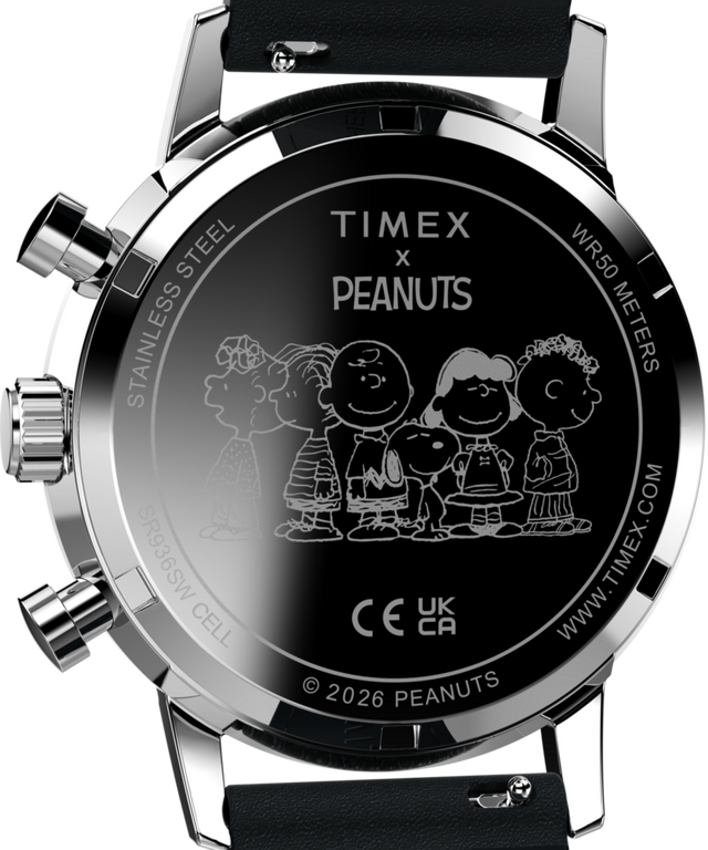 TW2Y48500 Peanuts® x Timex Marlin® Cronógrafo Joe Cool, reloj de 40 mm con correa de piel. Imagen del fondo de la caja.