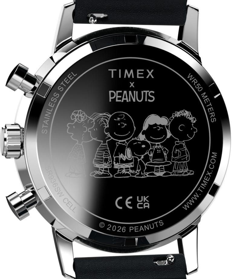 TW2Y48500 Peanuts® x Timex Marlin® Cronógrafo Joe Cool, reloj de 40 mm con correa de piel. Imagen del fondo de la caja.