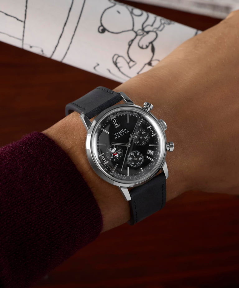 TW2Y48500 Peanuts® x Timex Marlin® Chronograph Joe Cool 40mm Leather Strap Watch Primary Wrist Image