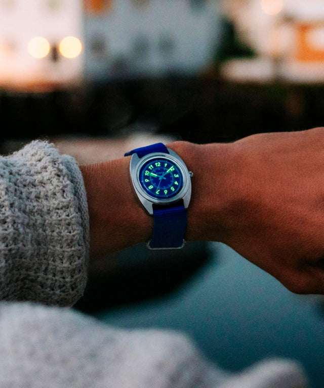 TW2Y52200 Timex x Worn & Wound Whirlpool 37mm Fabric Strap Watch Alt Wrist Shot 2 Image