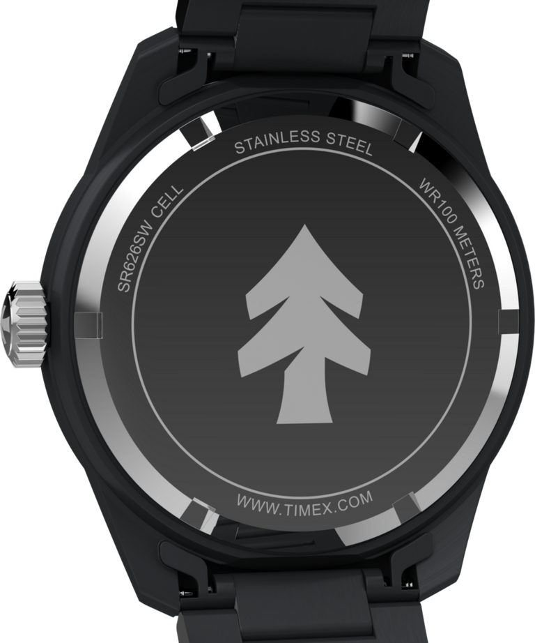 TW2Y53200 Huckberry x Timex 1979 Black Max, reloj de 41 mm con brazalete de acero inoxidable. Imagen del fondo de la caja.