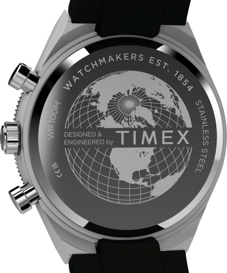TW2Y56100 Q Reloj Timex Continental Chronograph de 40 mm con correa de caucho sintético  Imagen del fondo de la caja