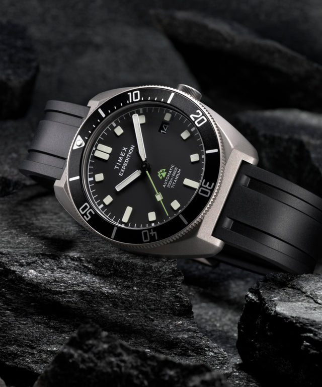 TW2Y63600 Expedition® Pioneer Titanium Automatic 41mm HNBR Synthetic Rubber Strap Watch Campaign Key Silhouettes (Beauty shots) Image