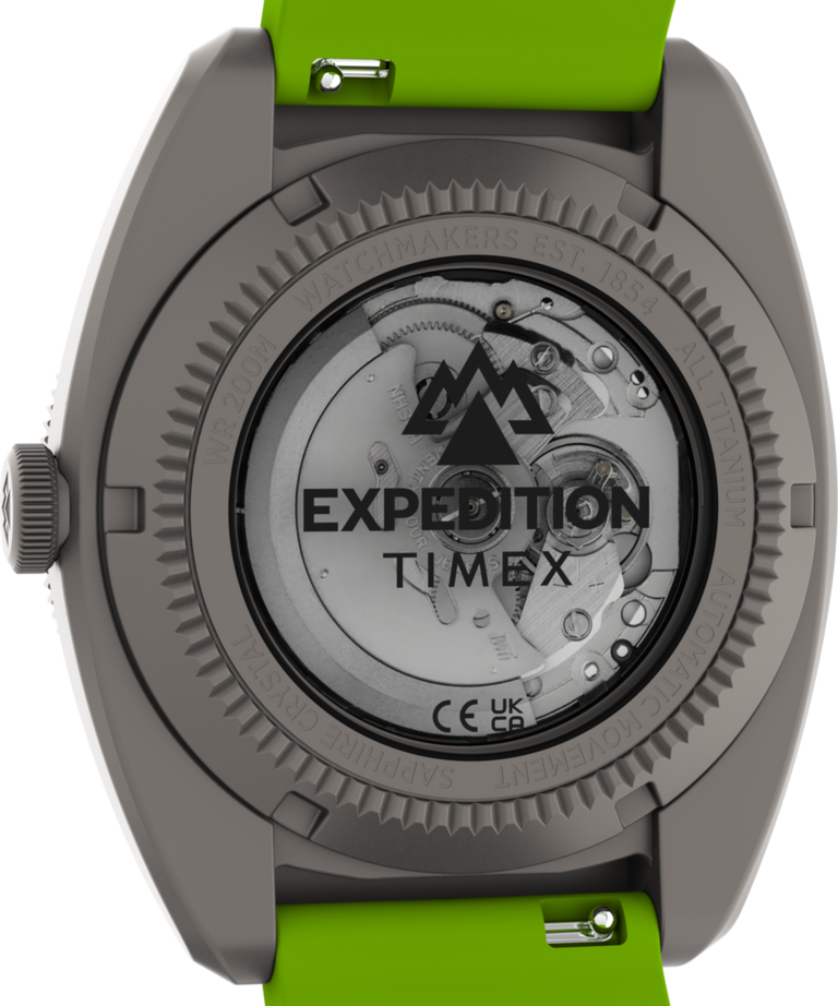 TW2Y63700 Expedition® Pioneer Titanium Automático, 41 mm, correa de caucho sintético HNBR. Imagen del fondo de la caja del reloj