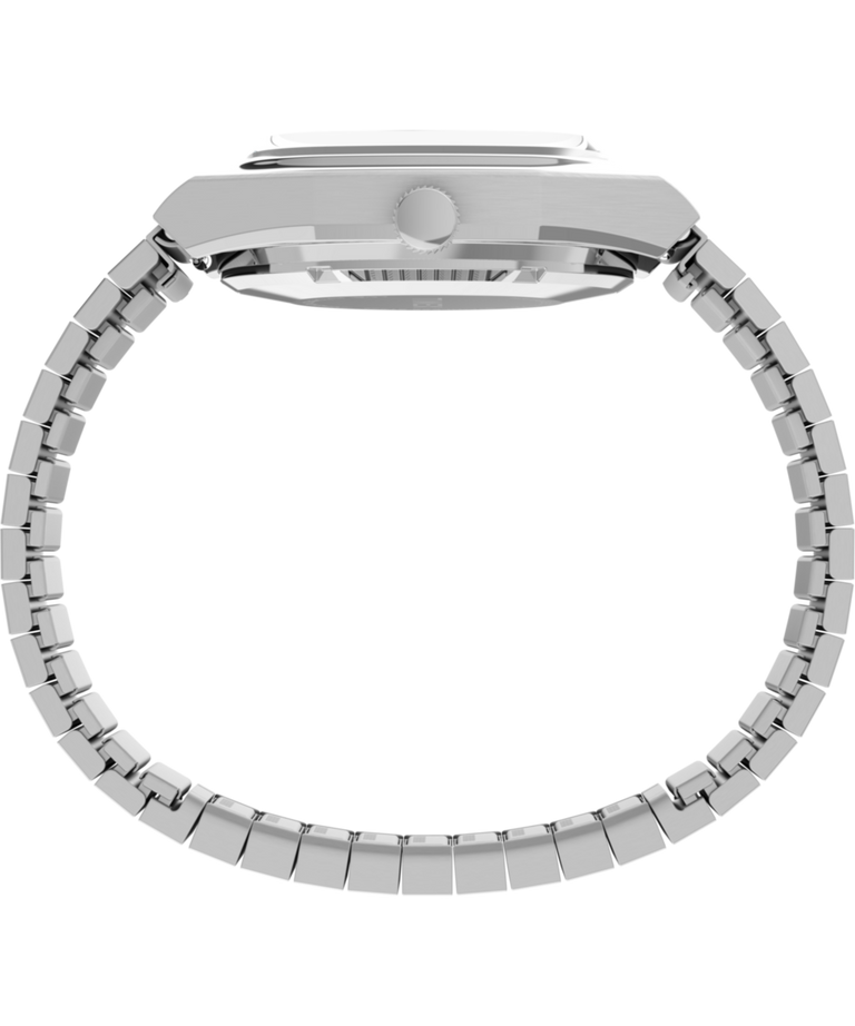 Imagen de perfil del reloj Timex® Automatic 1983 E Line de 34 mm con correa elástica de acero inoxidable TW2Y66700
