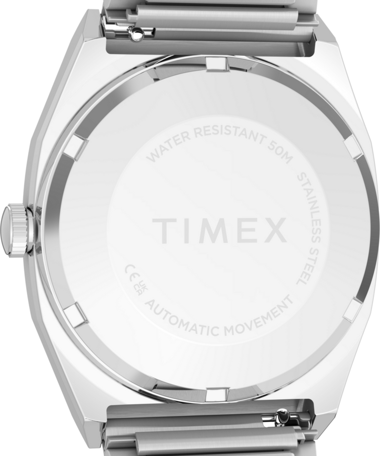 Imagen de la parte posterior de la caja del reloj Timex® Automatic 1983 E Line de 34 mm con correa elástica de acero inoxidable TW2Y66700