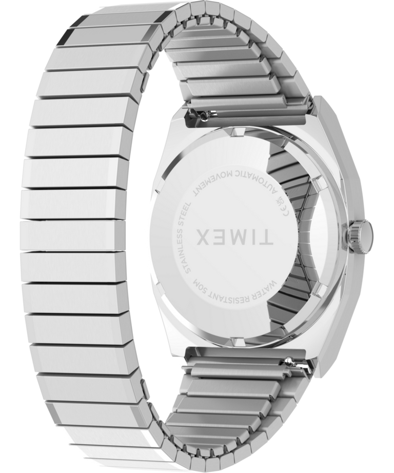 Imagen de la parte posterior de la caja con enganche del reloj Timex® Automatic 1983 E Line de 34 mm con correa elástica de acero inoxidable TW2Y66700