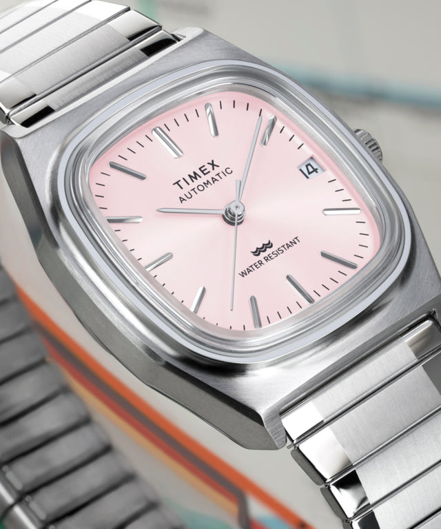 Men's Watch Timex Automatic 1983 E Line 34mm Stainless Steel Expansion Band | Silver-Tone/Pink, Stainless Steel Men's Watch Timex Automatic 1983 E Line 34mm Stainless Steel Expansion Band | Silver-Tone/Pink, Stainless Steel