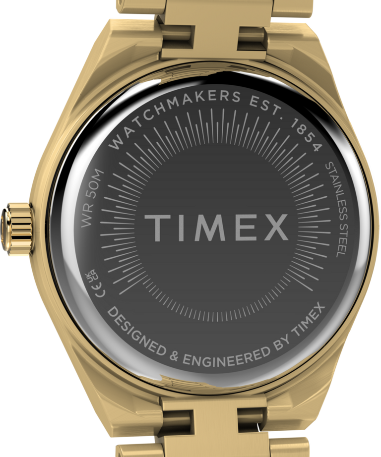 TW2Y68300 Q Timex® Continental Mini, reloj de 24 mm con brazalete de acero inoxidable. Imagen del fondo de la caja.