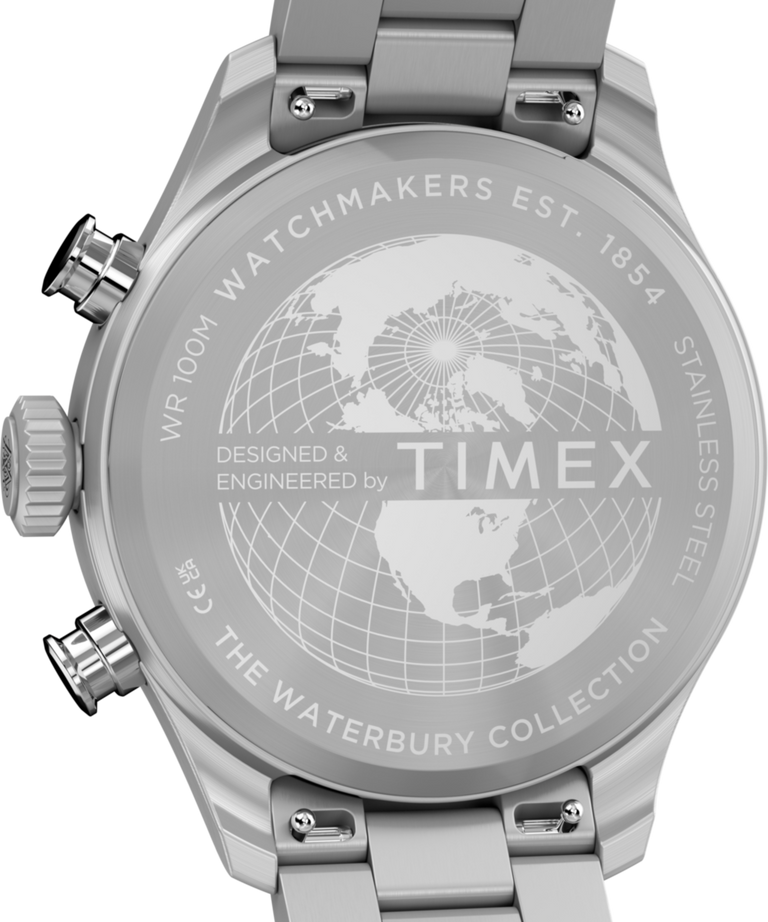 Imagen del fondo de caja del reloj Waterbury Ace Fly-Back Chronograph de 43 mm con brazalete de acero inoxidable TW2Y70200