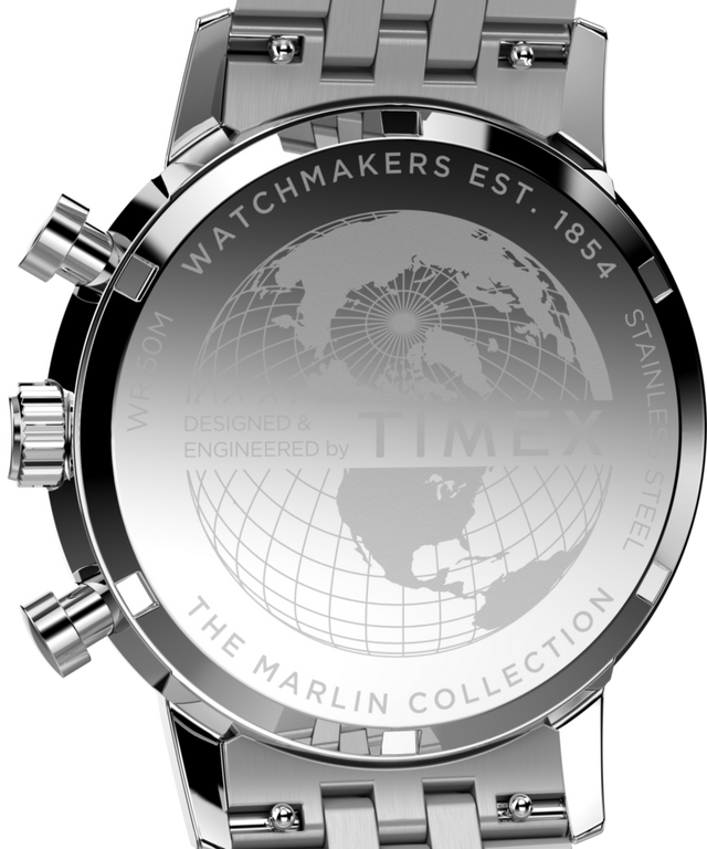 TW2Y72100 Marlin® Quartz Chrono, reloj de 40 mm con brazalete de acero inoxidable. Imagen del fondo de la caja.